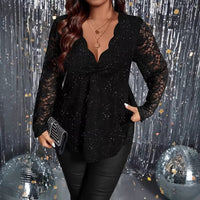 Womens Loose Powder-Effect Elegant Lace V-Neck Long-Sleeve T-Shirt