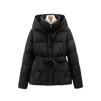 Women's Short Waist-cinching Slim-fit Hooded Tie-front Warm Coat