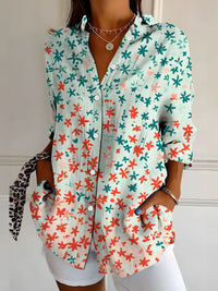 Womens Retro, Elegant Floral Print Long-Sleeve Shirt