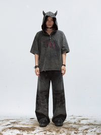 Dark Little Devil Worn Looking Washed-out Hooded T-shirt Black