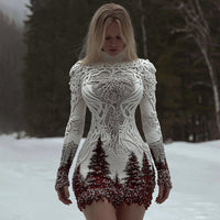 Women's Slim Fit Long Sleeved Short Dress With 3D Printing