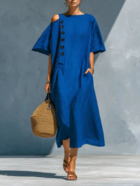 Solid-color Linen Crew-neck Short-sleeve Casual Dress For Women