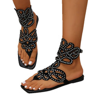 Summer Hollow Rhinestone Buckle Flat Toe Roman Sandals