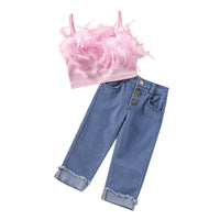 New Girls' Solid Color Sling Top Denim Trousers Suit