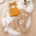 Girls' Knitted Sling Backless Tube Top Top Wave Flower Bell-bottom Pants Suit