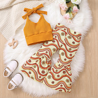 Girls' Knitted Sling Backless Tube Top Top Wave Flower Bell-bottom Pants Suit