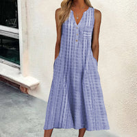 Fashionable Pocketed V-Neck Striped Sleeveless Casual Dress