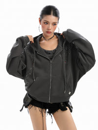 Starry Rhinestone Hooded Sweater For Women Zipper Cardigan Outerwear