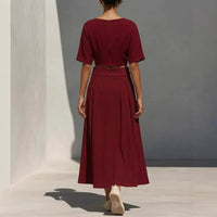 Womens Crew-Neck Short-Sleeve Casual Top And High-Waist Skirt Set