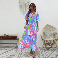 Printed High-Waisted Loose Fit Swing Dress With Short Sleeves For Women