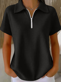 Pullover Drop-shoulder Half-zip Waffle-knit Short Sleeve