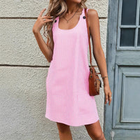 Striped Summer Crew-Neck Buttoned Suspender Pocket Casual Dress