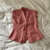 Red And White Short Sleeve Plaid Shirt Women