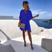 Multicolor Waist-Cinching V-Neck Elegant Womens Dress