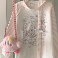 Sweet Girl Kitten  Striped Round Neck Fleece-lined Sweater