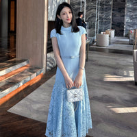 Womens Lace Slim-Fit Waist-Cinching Elegant Long Dress