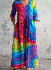Womens 3D Floral Print Mid-Length Sleeve Dress With Patterned Background