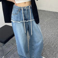 Drawstring-attached Patchwork-design Relaxed-fit Raw-hem Wide-leg Pants