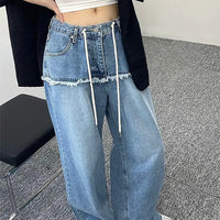 Drawstring-attached Patchwork-design Relaxed-fit Raw-hem Wide-leg Pants