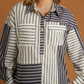 Black Stripe 2-tone Patchwork Half Buttons Chest Pockets Casual Blouse