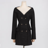 Off-shoulder Long Sleeve Waist-tight Design Pocket Stitching High-grade Sense Dress