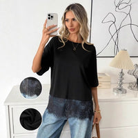 Summer Womens Crew Neck Pullover Lace Patchwork Loose T-Shirt