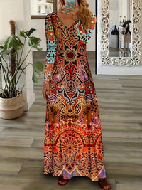 V-neck Long-sleeve Bohemian Peacock-print Floral Maxi Dress