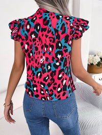 Women's Casual Leopard Print Ruffle Trim Tie Chiffon Blouse Top