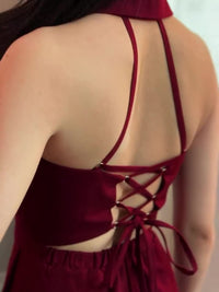 Burgundy Backless Lace-up Sleeveless Jumpsuit