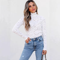 Womens Fashionable Lace Long-Sleeve Solid-Color Pullover Turtleneck Base Layer Shirt
