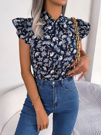 Women's Casual Floral Print Ruffle Trim Tie Bow Chiffon Blouse