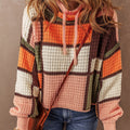 Women's Casual Waffle Color Matching Long Sleeve Drawstring Stand Collar Sweater