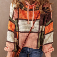 Women's Casual Waffle Color Matching Long Sleeve Drawstring Stand Collar Sweater