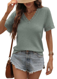 Womens V-neck Casual Waffle-knit Lace-panel Short-sleeve Top