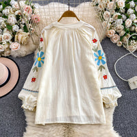 Sweet, Youth-Enhancing Floral Embroidery Stand Collar Puff Sleeve Shirt