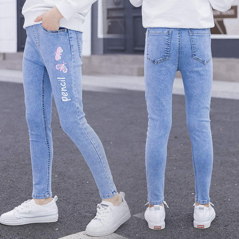 Autumn Butterfly Letter Jeans Slim Fit Stretch Casual Pants Children's Pants