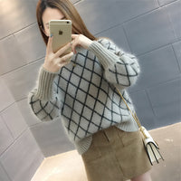 Korean Style Trendy Diamond Grid Pullover Knitted Sweater