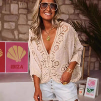 Women's V-neck Hollow Lace Crochet Shirt