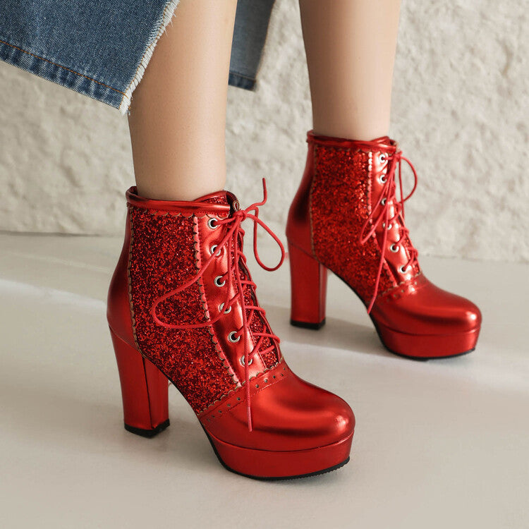 Autumn And Winter Thick Heel Lace-up Sequins Fashion Boots