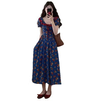 Womens Blue Square-Neck Floral Puff-Sleeve Dress
