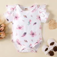 Flower Printed Short Sleeved Top With Straps Skirt Headwear Three Piece Set