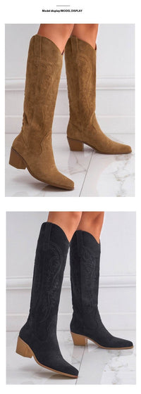 Chunky Heel Knee-high Embroidery Slip-on Middle Boots