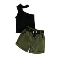 Summer Girl Ins Shoulder Halter Sunken Stripe Top Shorts Suit