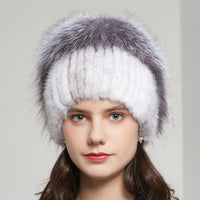 Fox Fur Fur Winter Warm Rhinestone Knitted Stretch Knitted Hat Women