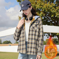 Casual And Loose Hooded Plaid Shirt Top For Women