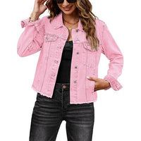 Female Solid Color Casual Embossed Denim Jacket Button Top