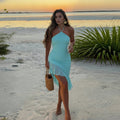 Summer New Halter Neck Lace-Up Ruffle Trim Asymmetric Hem Dress