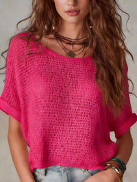 Womens Knitted Solid-Color Short-Sleeve Sweater