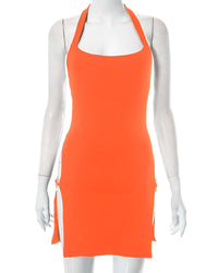 Solid-color Backless Hollow-out Halter Dress For Women