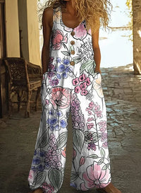 Women's Flower Art Print Casual Wide Leg Jumpsuit